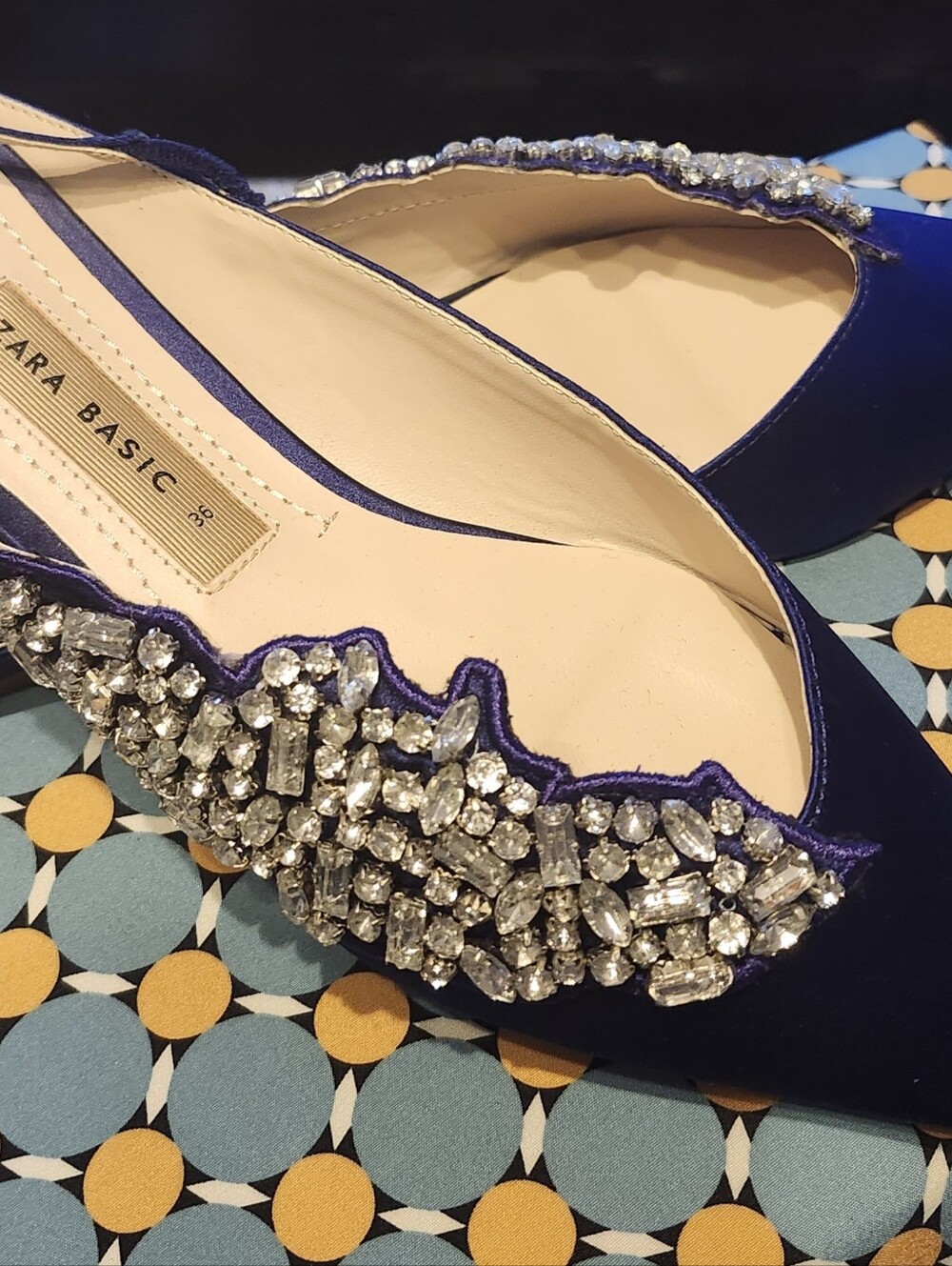 Zara Blue Satin Flats Slingbacks with Crystal Embellishment